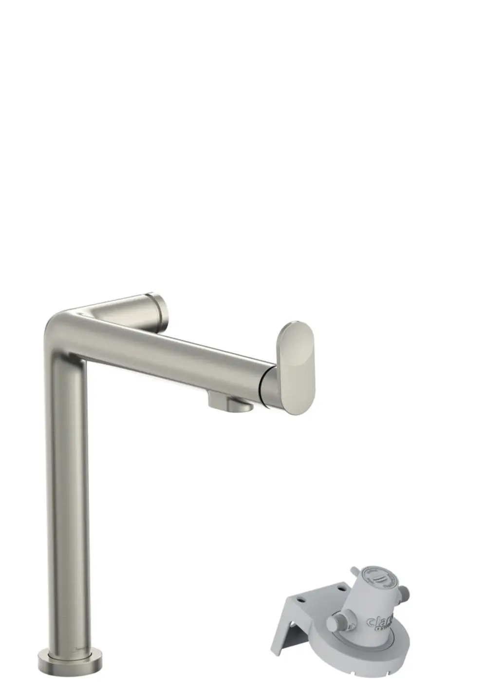 Edelstahl-Wasserhahn mit einem Hebel und einem integrierten Filtersystem, präsentiert von Hansgrohe, eignet sich für moderne Küchenanwendungen.